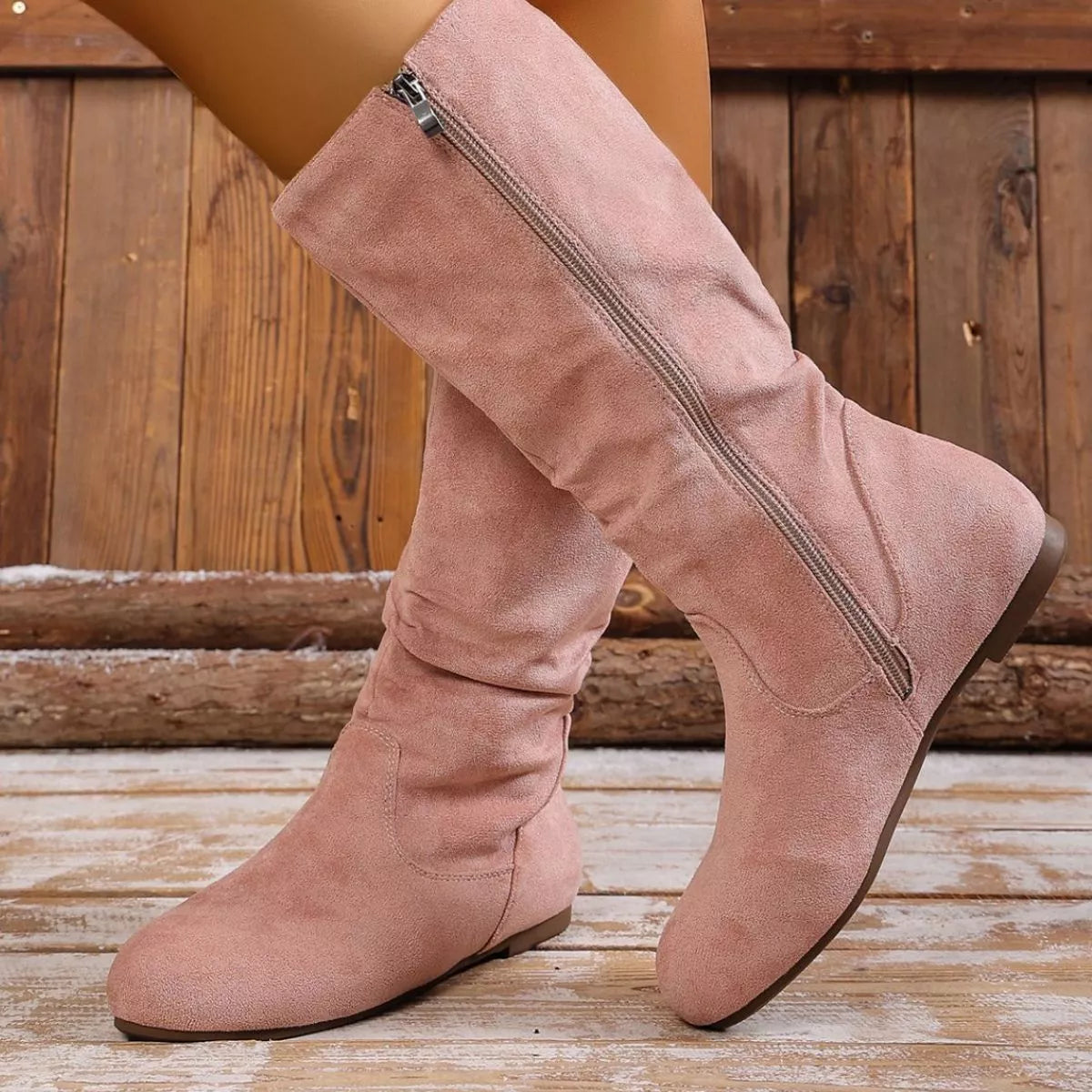 Women's Round Toe Side Zip Suede Mid-Calf Boots