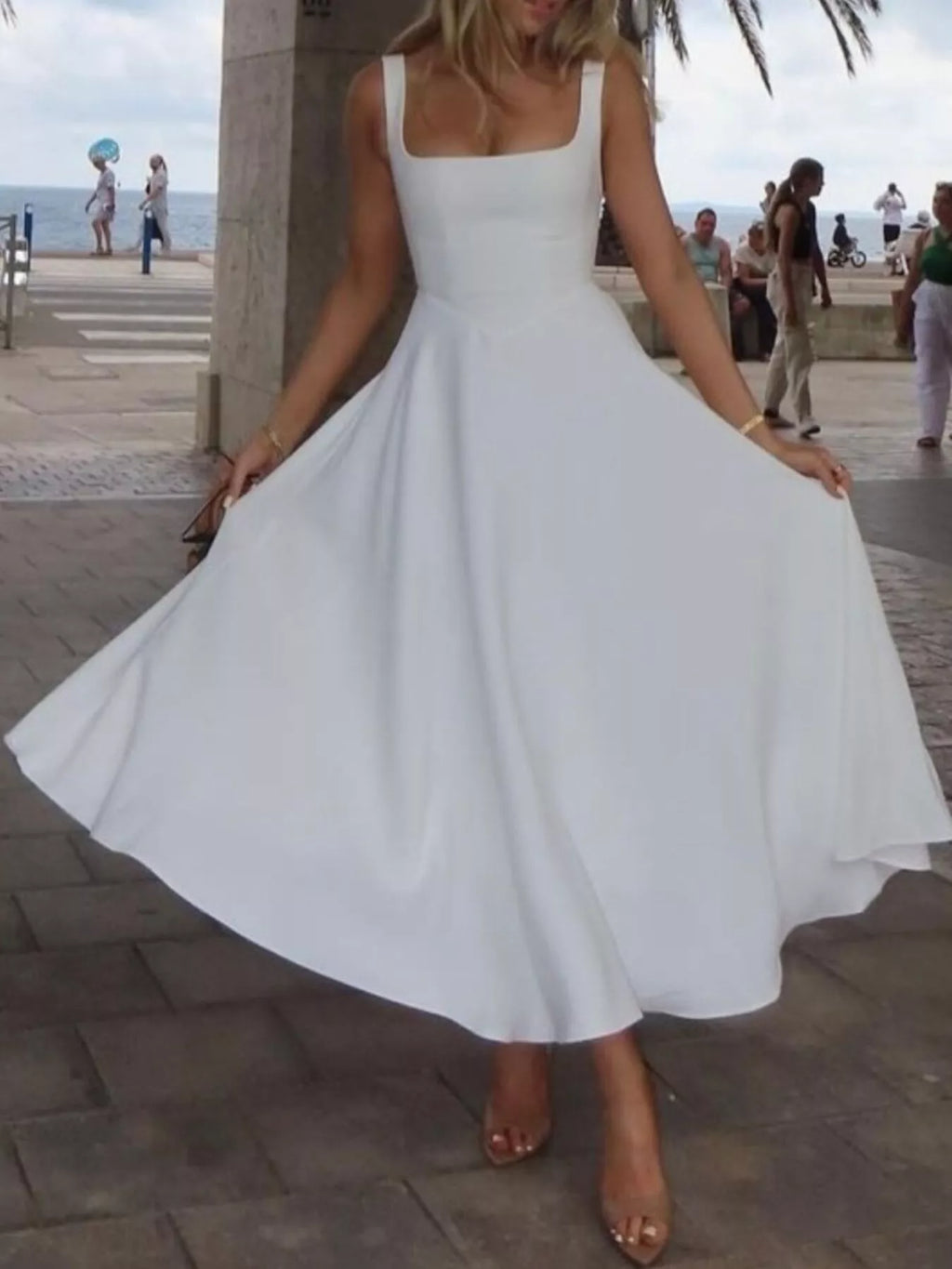 White Square Neck Wide Strap A-Line Midi Dress