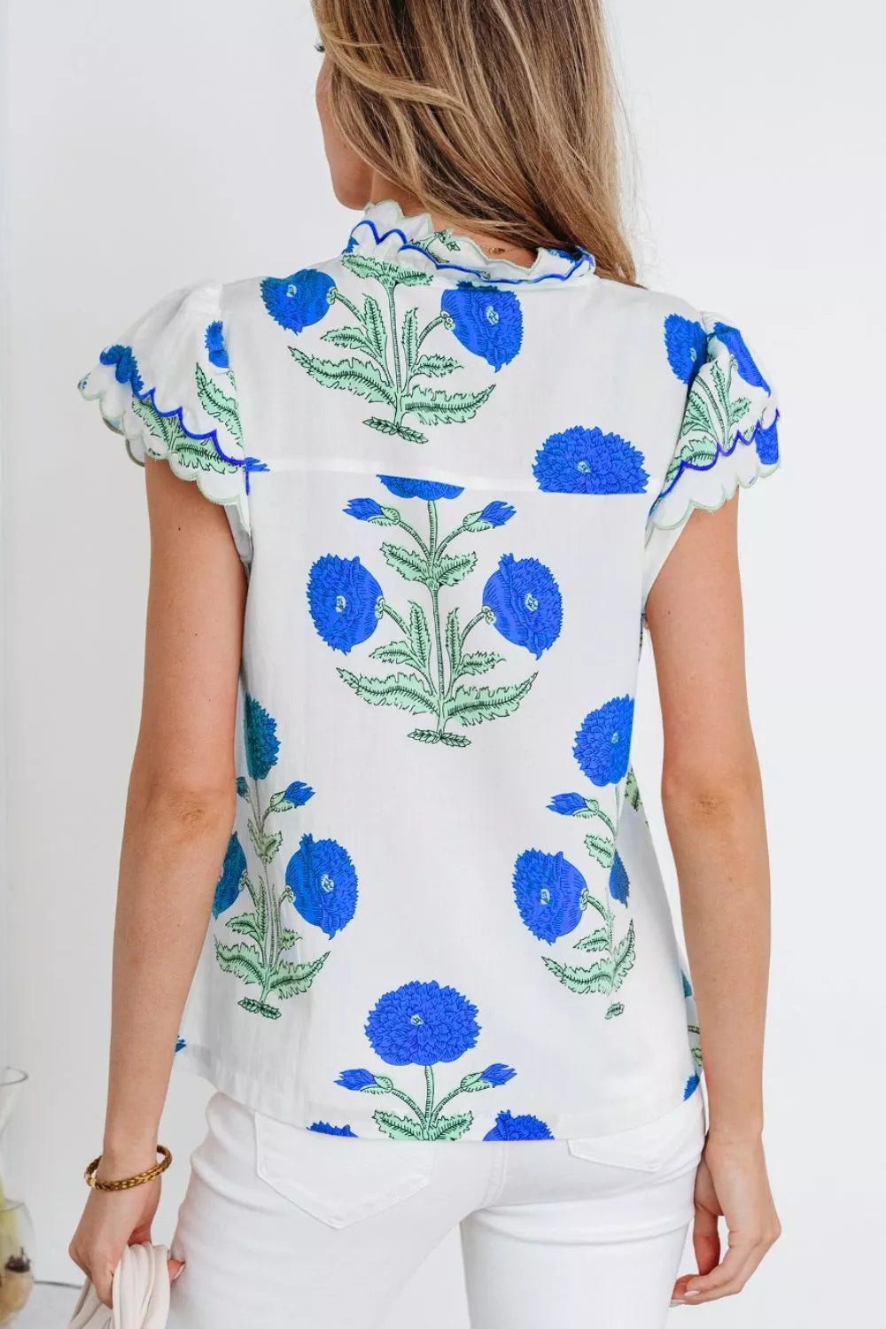Floral Scallop Trim V Neck Blouse White Pink Green