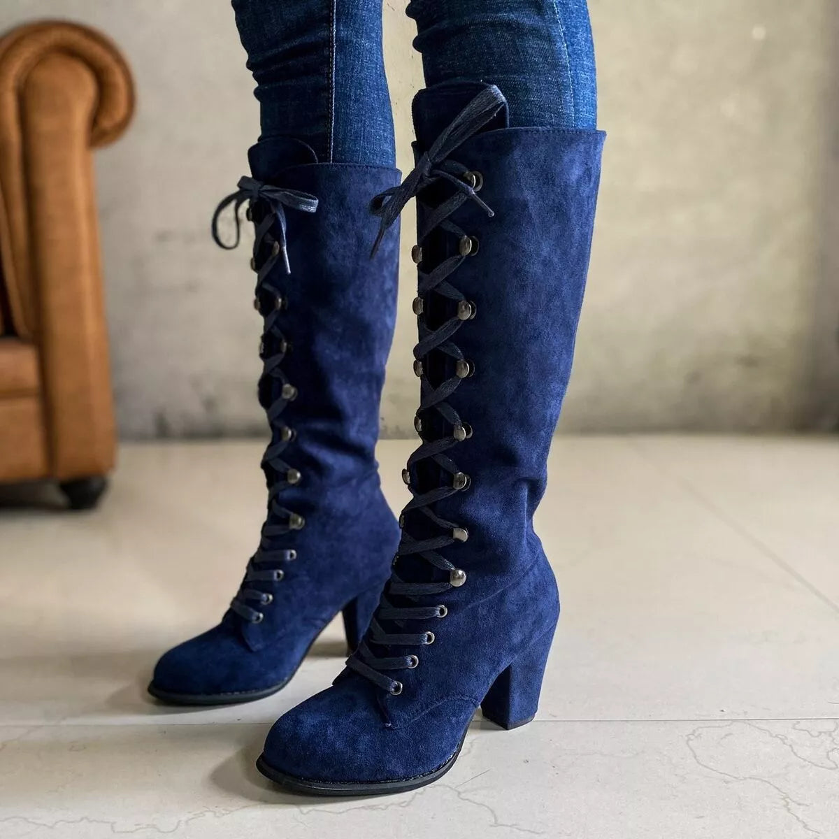 Women's Navy Suede Lace-Up Block Heel Boots