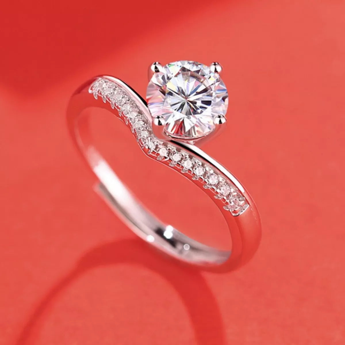 Adjustable 2 Carat Moissanite Sterling Silver V-Shape Ring
