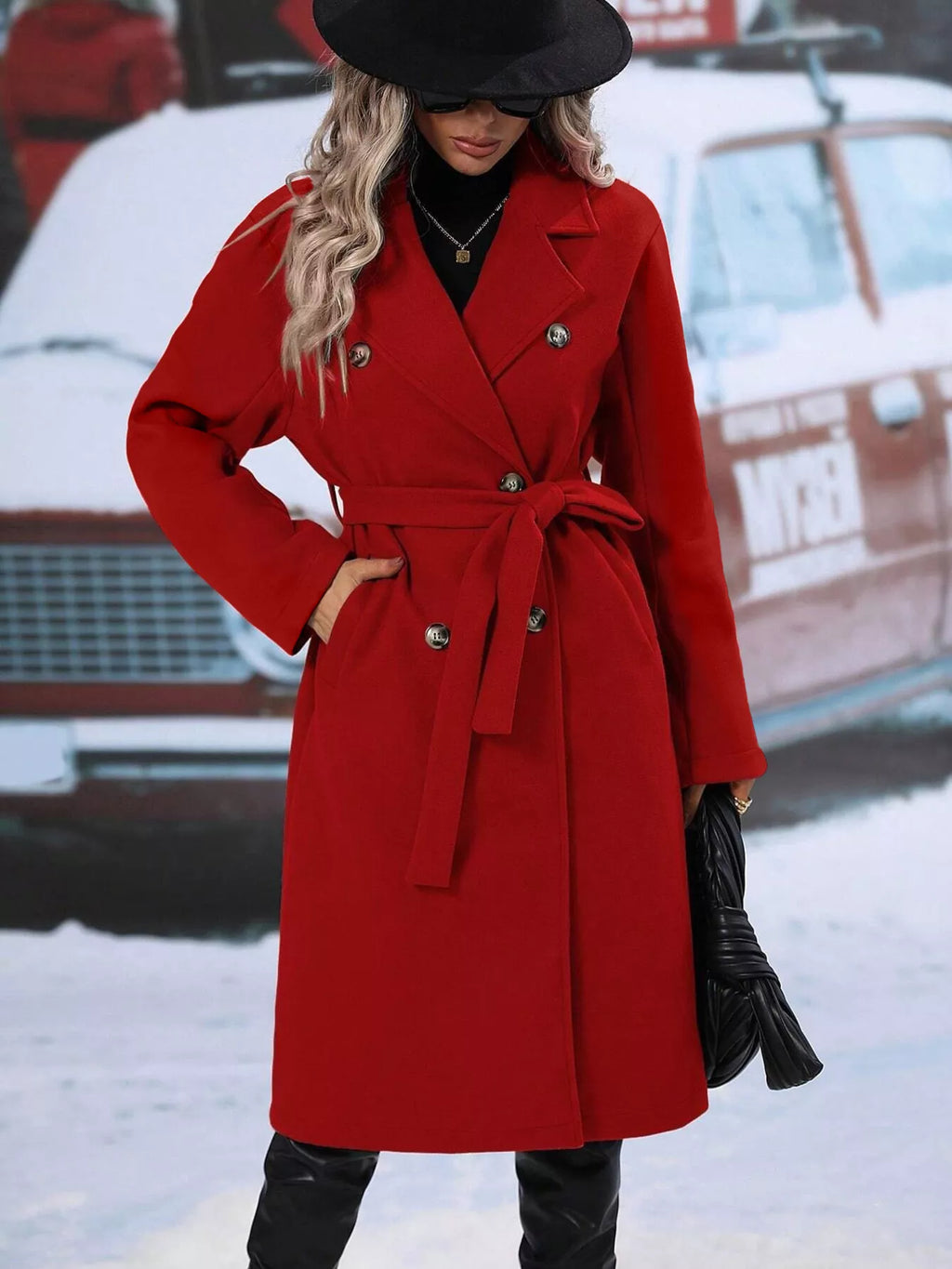 Women's Red Double-Breasted Lapel Collar Belted Long Overcoat