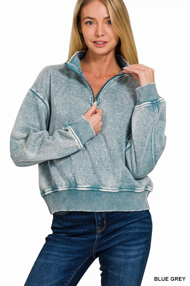 Zenana Acid Wash Fleece Half Zip Sweatshirt | Cropped