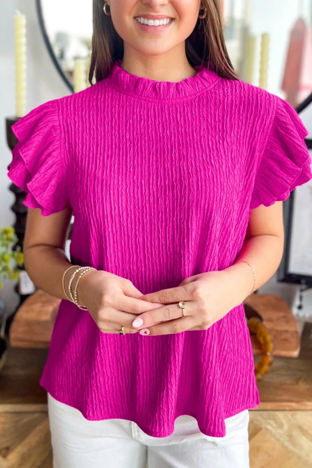 Bright Pink Textured Short Sleeve Blouse with Ruffled Trim