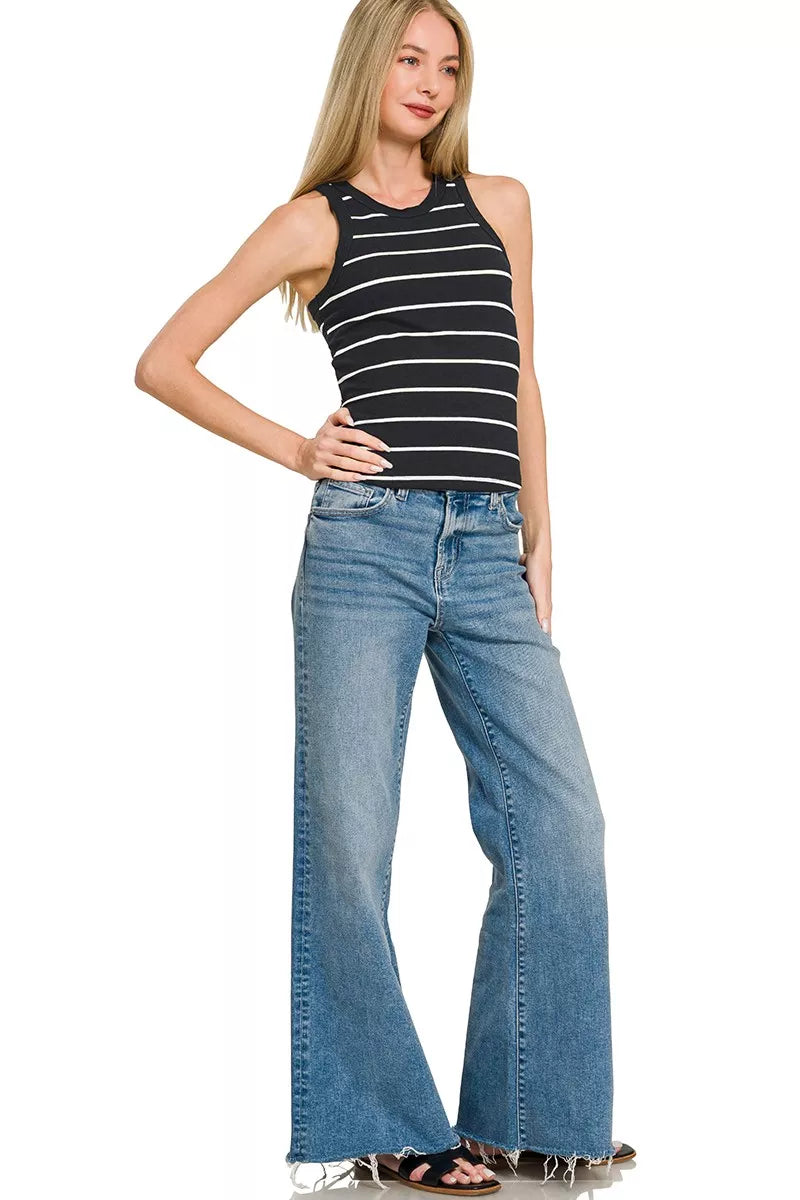 Women's Black and White Striped Round Neck Tank Top