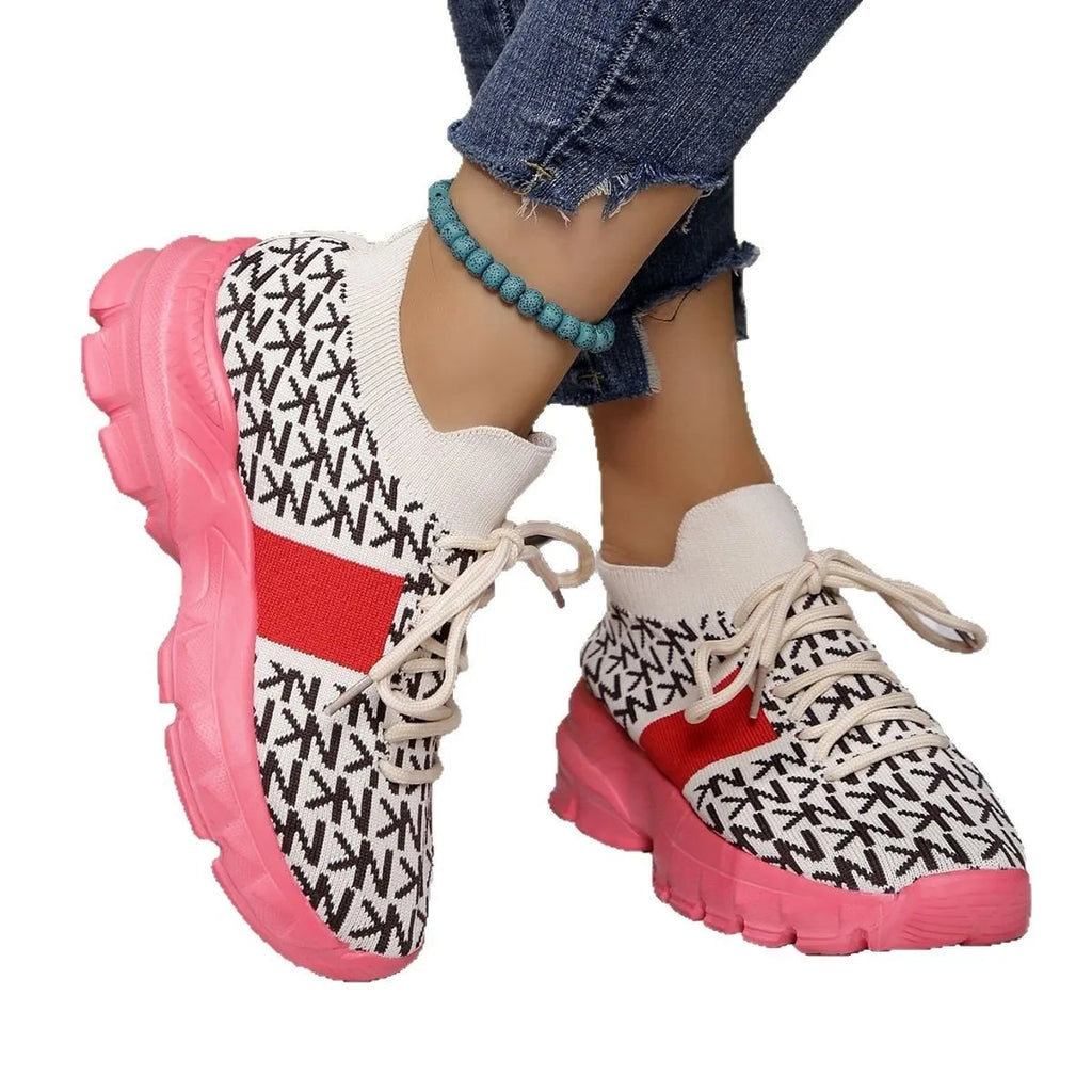 Women's Letter Print Lace-Up Sneakers with Chunky Pink Sole