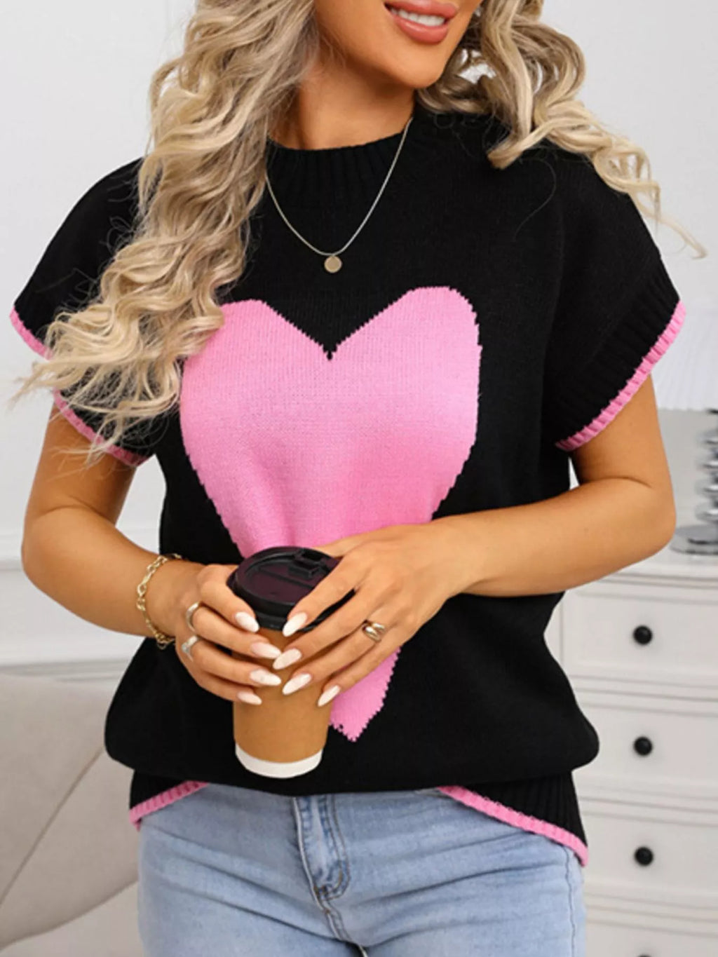 White Short Sleeve Knit Sweater with Red Heart Graphic