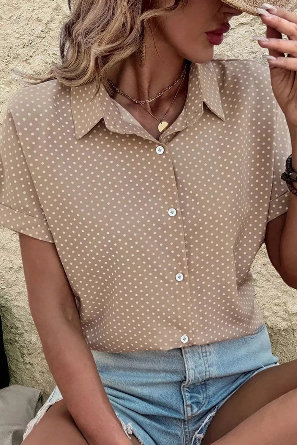 Women's Tan Polka Dot Button Down Short Sleeve Shirt