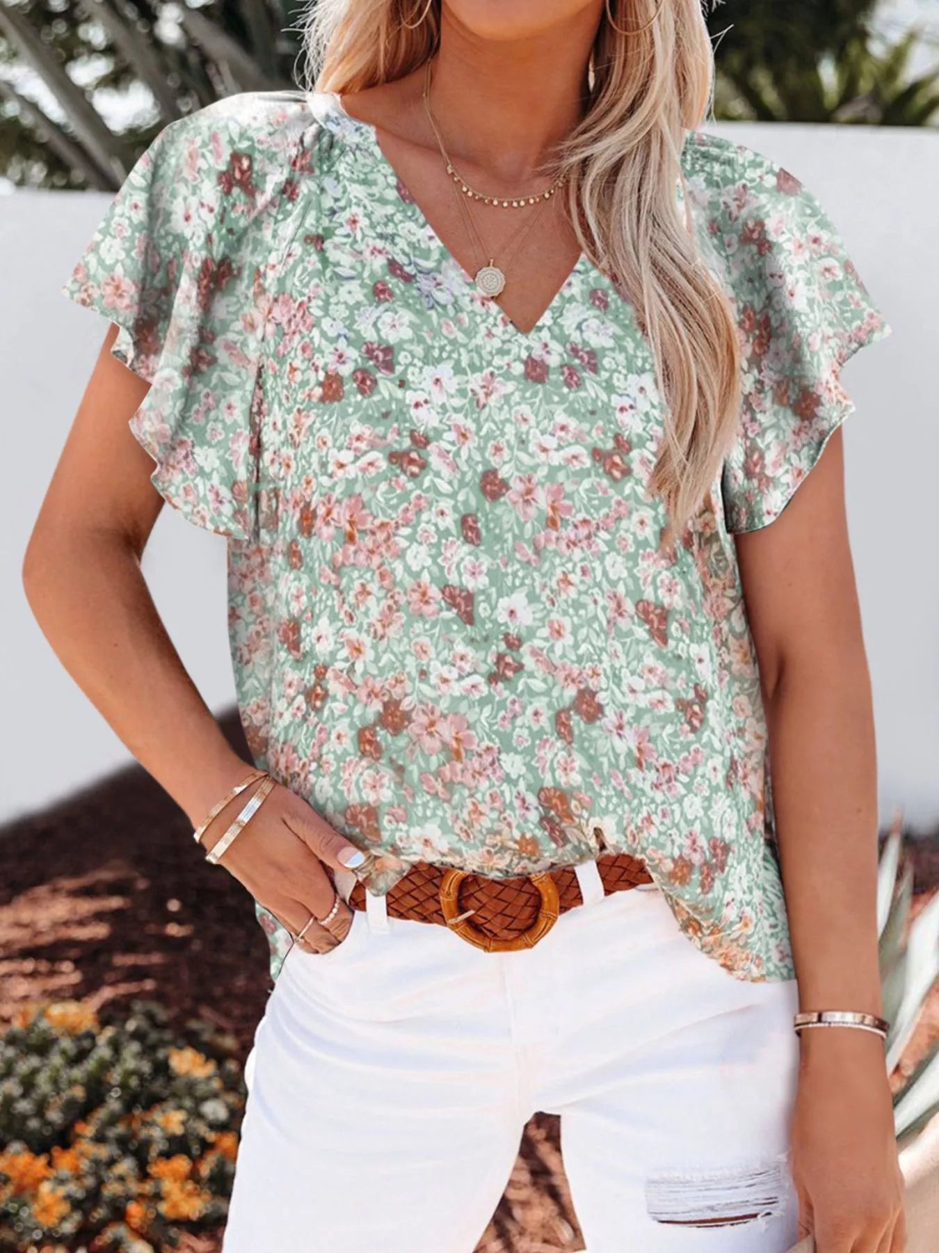 Full Size Floral Print Flutter Sleeve V-Neck Blouse Plus Size