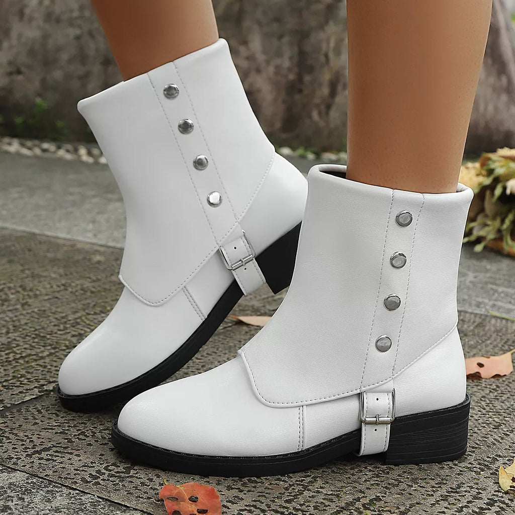 Women's Round Toe White Block Heel Boots with Buckle Detail
