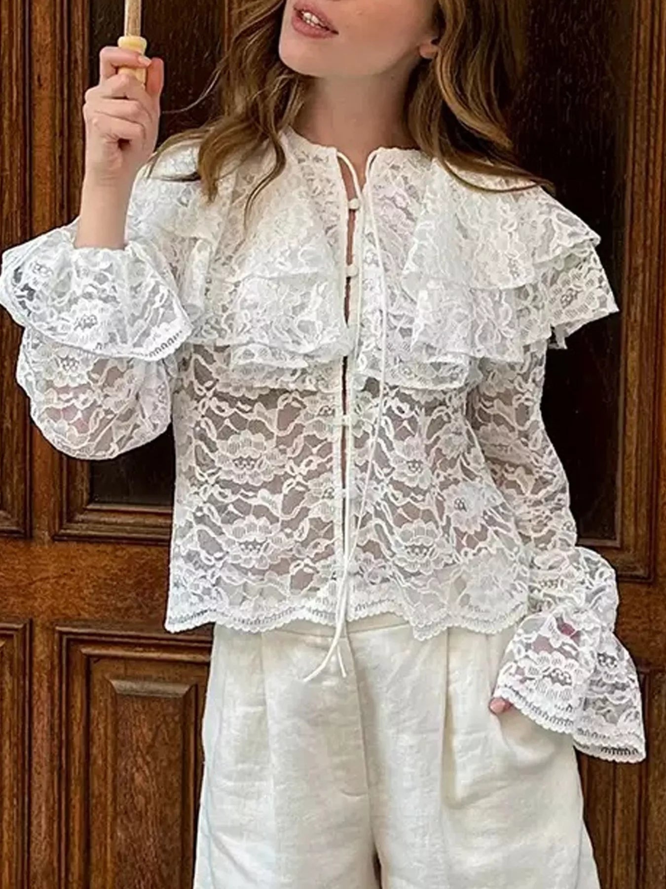 Women's White Ruffled Lace Flounce Sleeve Blouse