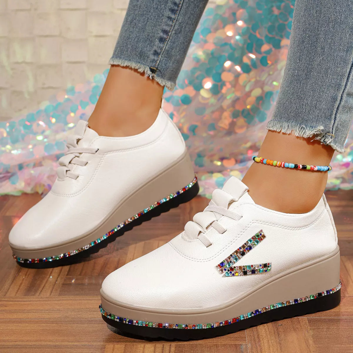 White Rhinestone Wedge Sneakers Mid Heel Comfort Walking Shoes