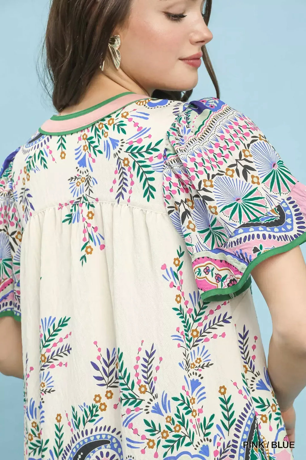 Pink and Blue Paisley Flutter Sleeve Mini Dress