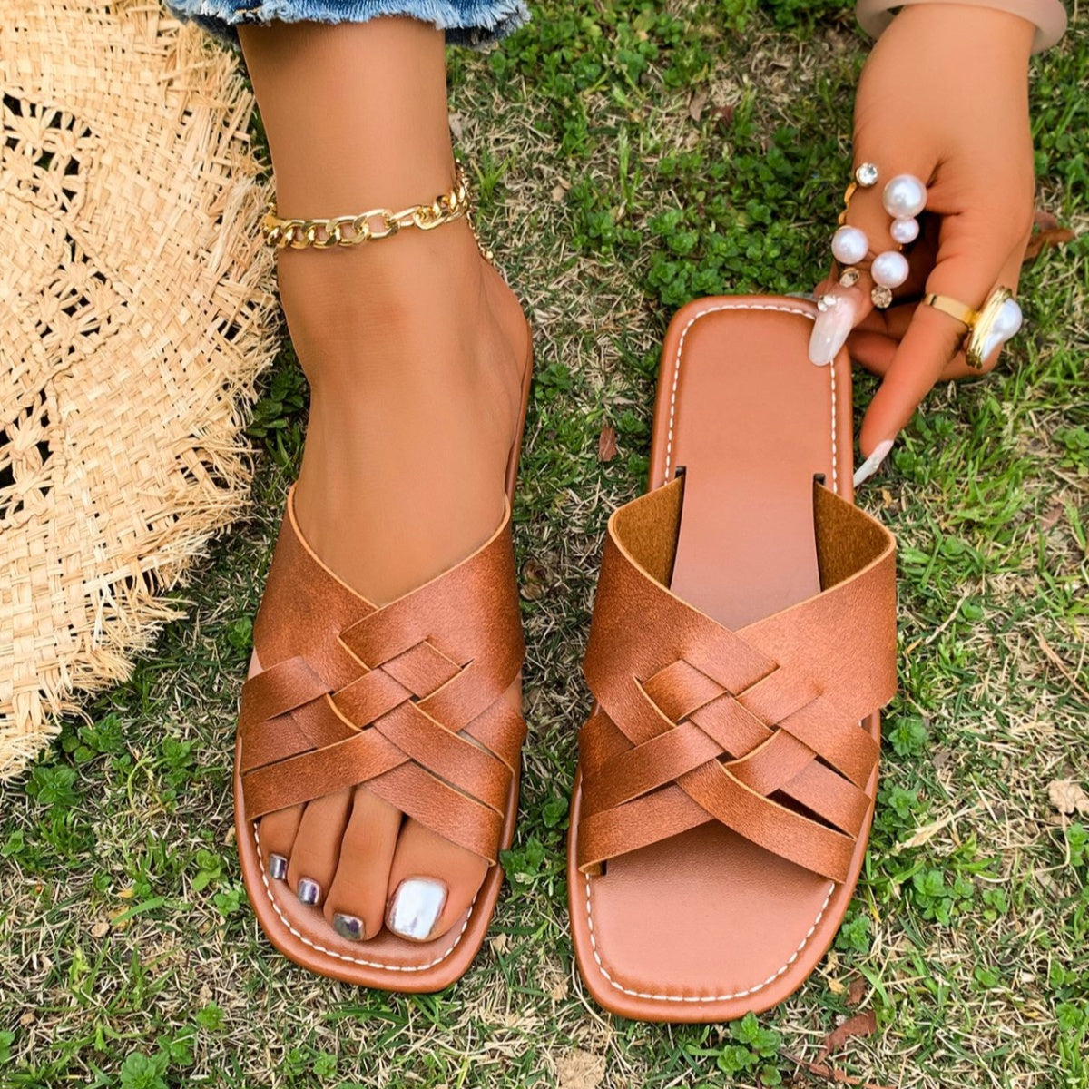 Woven Open Toe Sandals - Leather Bohemian Flats