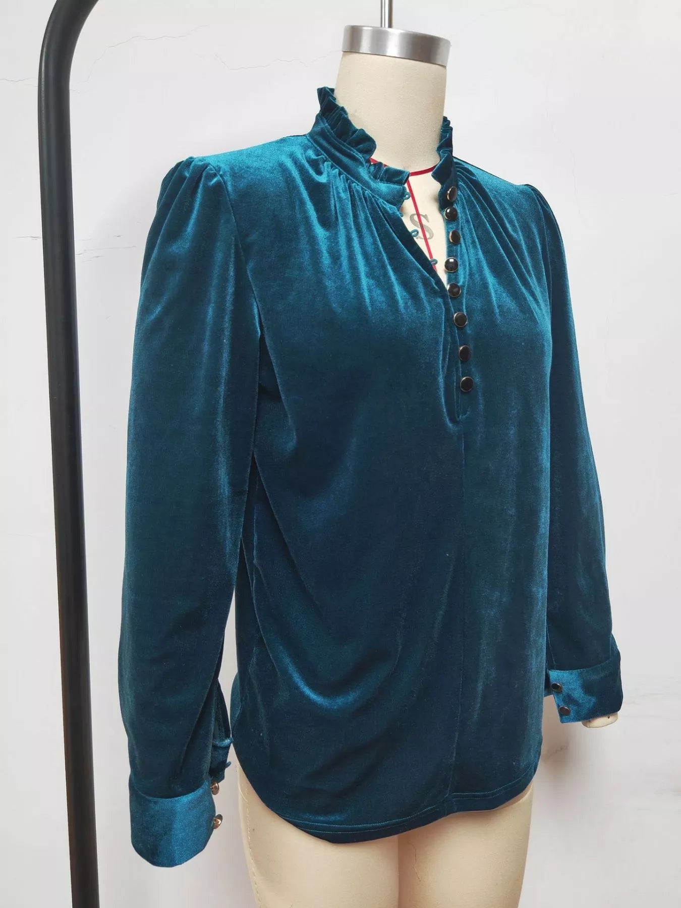 Women Red Velvet Long Sleeve Blouse with Ruffle Neckline
