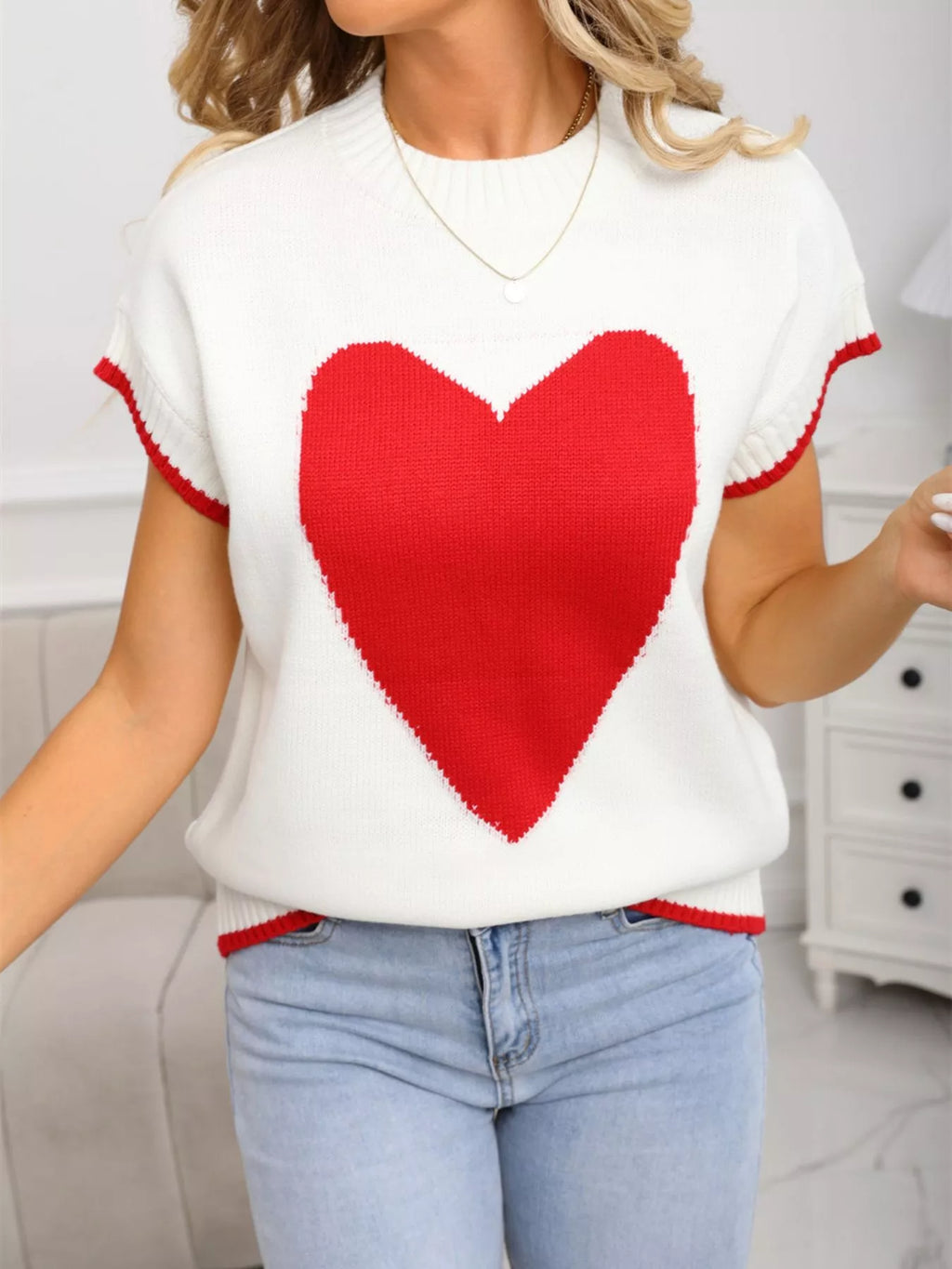 White Short Sleeve Knit Sweater with Red Heart Graphic