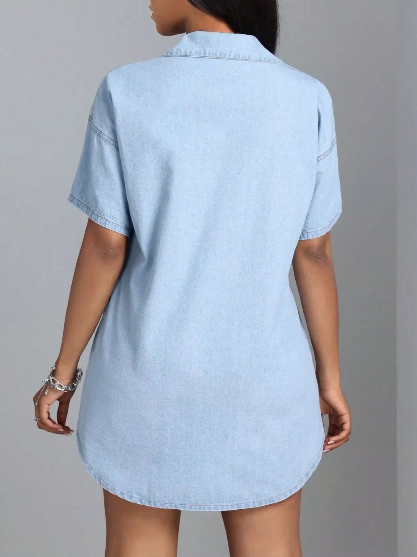 Light Wash Denim Button-Down Mini Shirt Dress with Pockets