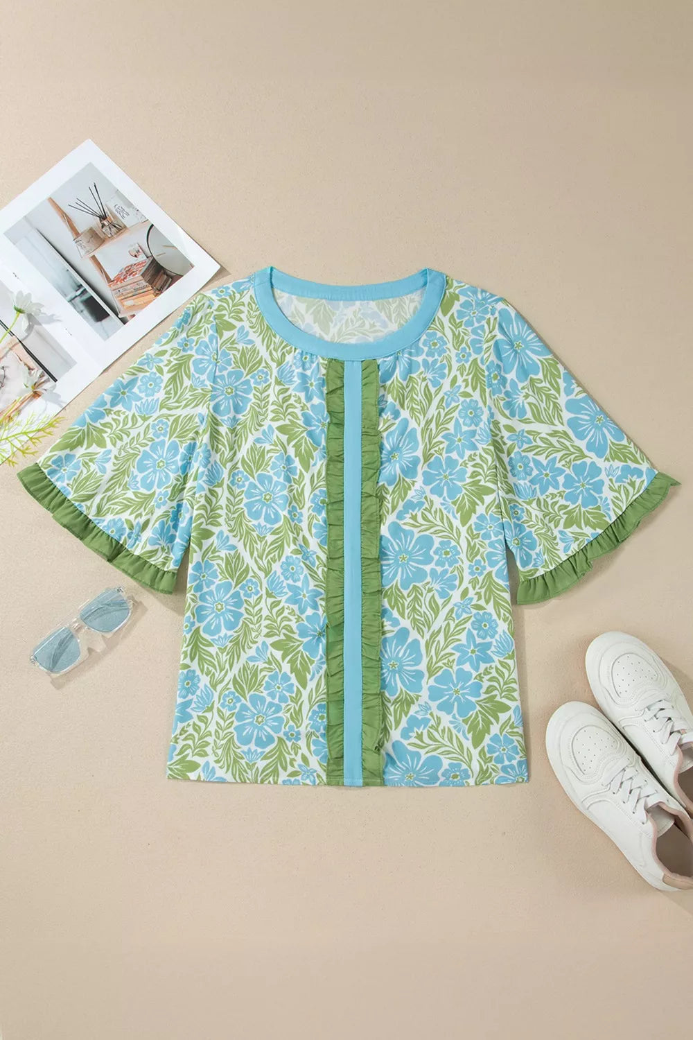 Floral Print Ruffled Color Block Blouse with Half Sleeves