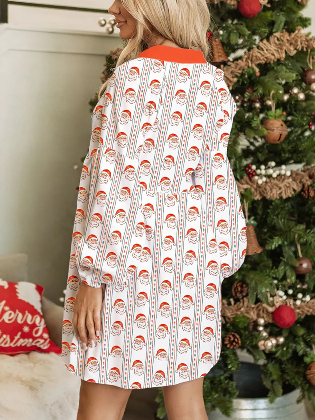 Women's Santa Claus Print Button Front Mini Dress Holiday Fashion