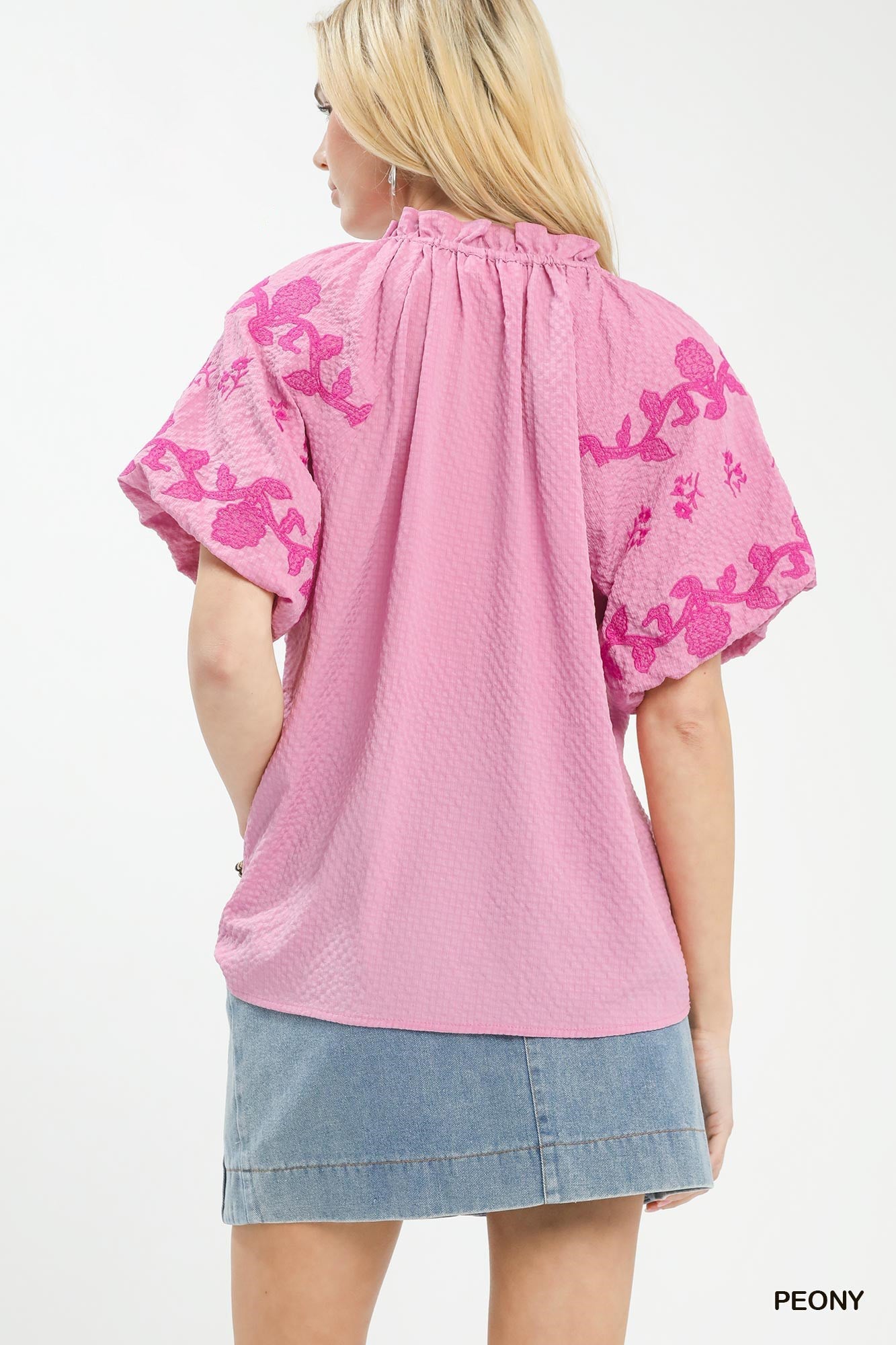 Peony Pink Embroidered Textured Flutter Sleeve Top