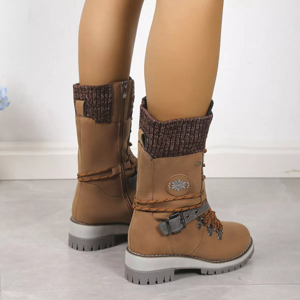 Women's Grey Lace Up Winter Boots with Knit Cuff and Buckle Detail