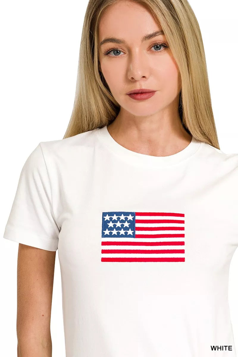 Women's White Patriotic American Flag Graphic Crew Neck T-Shirt