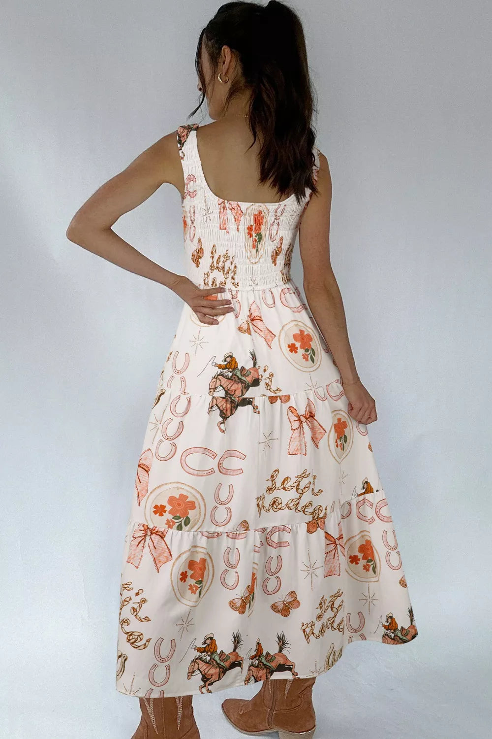 Western Horseshoe Print Smocked Sleeveless Midi Dress White