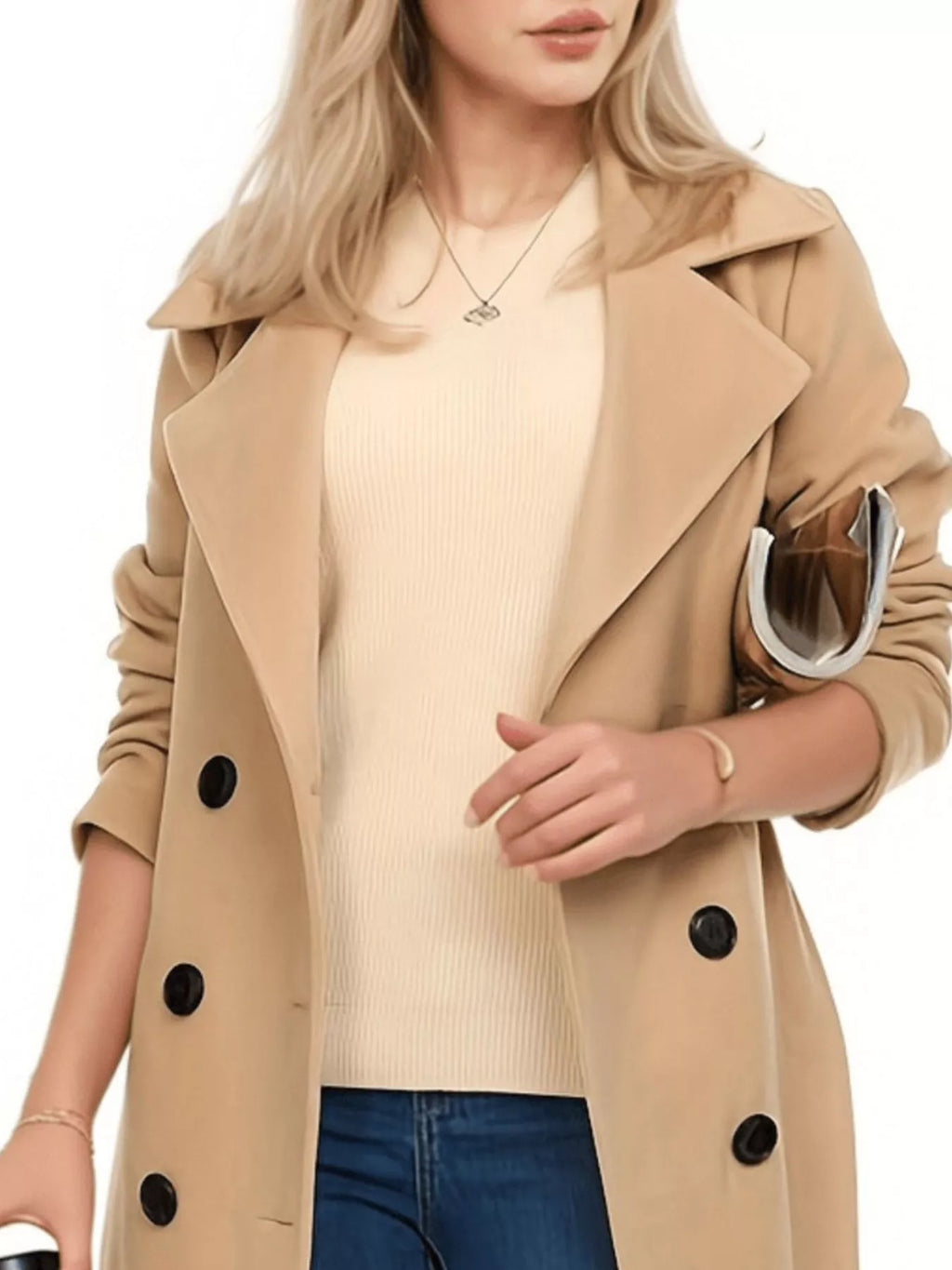 Women's Olive Double Breasted Belted Coat with Long Sleeves