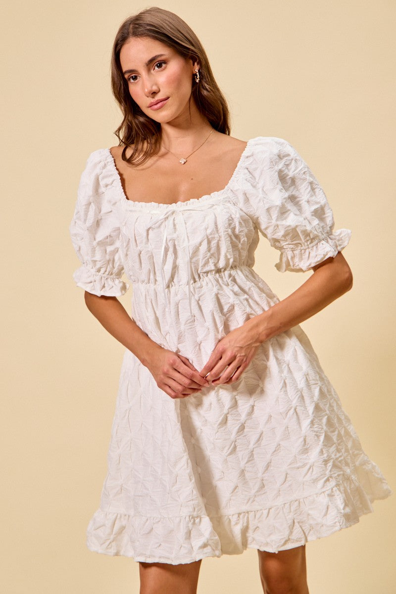 White Ruched Square Neck Mini Dress