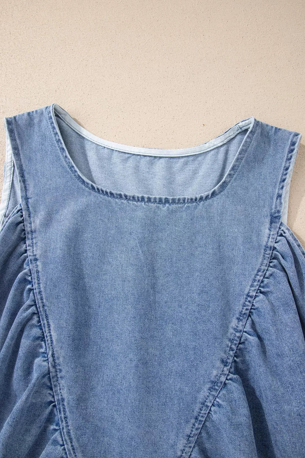 Blue Denim Pleated Patchwork Sleeveless Top for Casual Wear