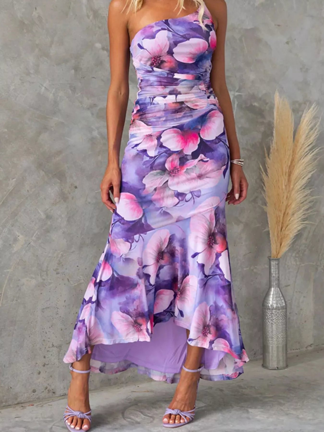 Floral Print One-Shoulder Ruched Maxi Dress in Purple