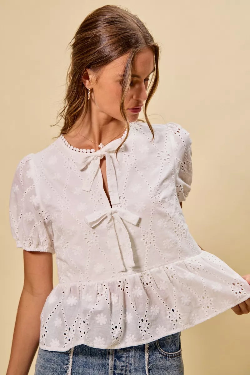 Women's Cotton Eyelet Blouse with Front Tie