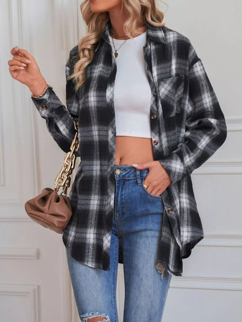 Women's Black and White Plaid Button Up Long Sleeve Shirt