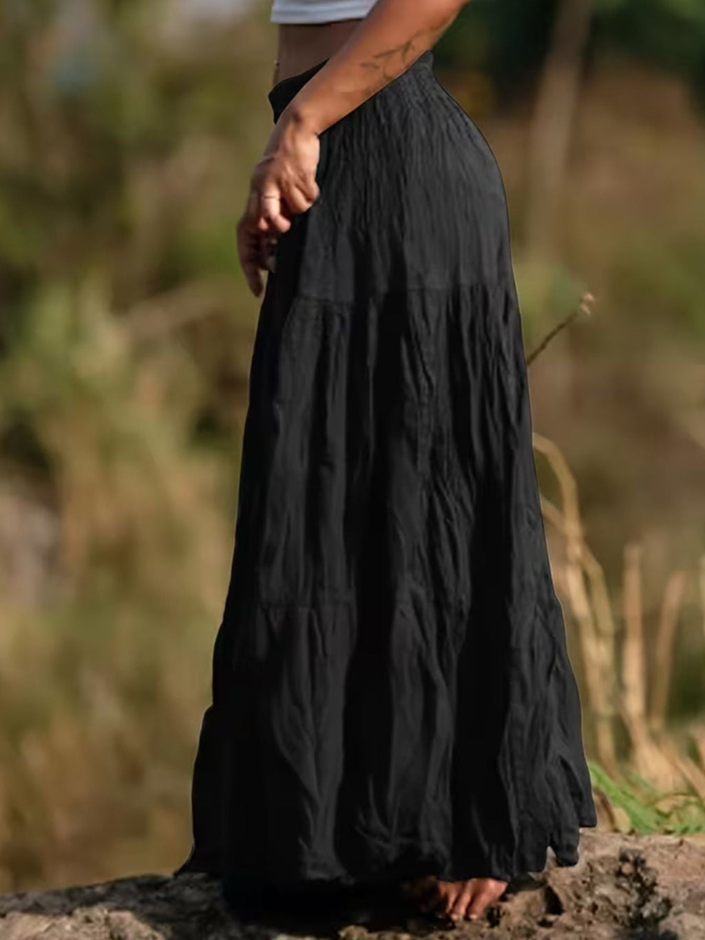 Women Ruched Tiered Maxi Skirt Bohemian Style Flowy Long Skirt