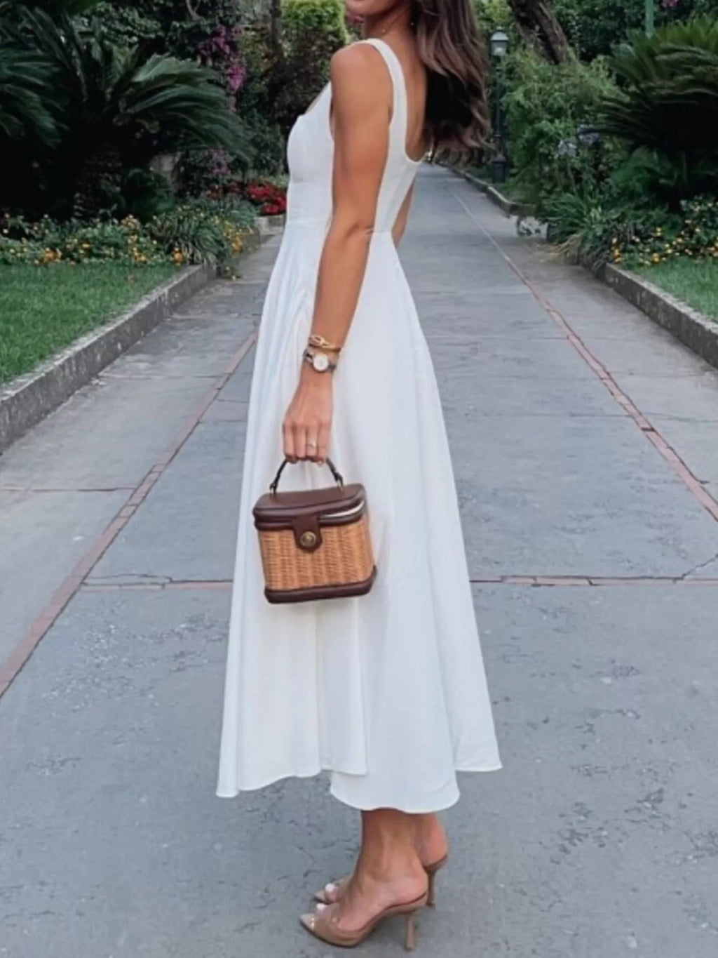 White Square Neck Wide Strap A-Line Midi Dress