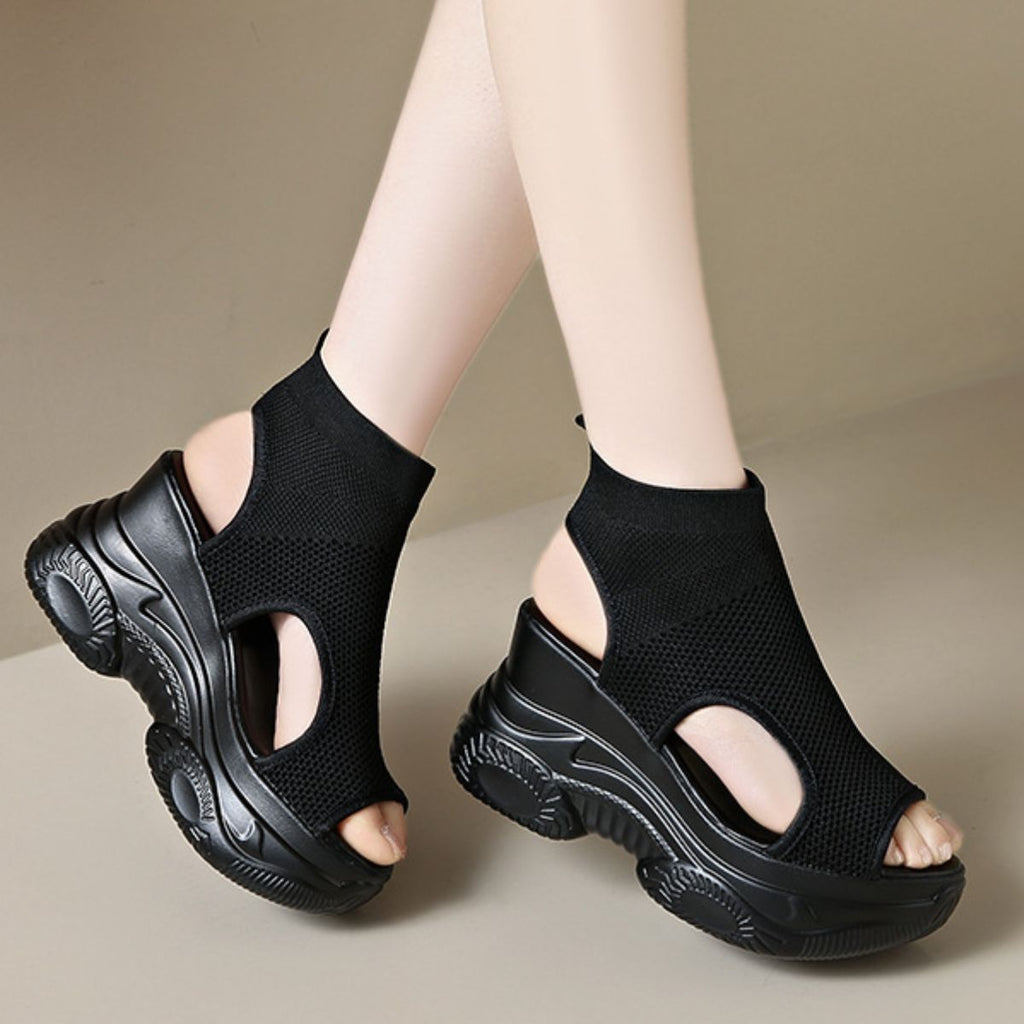 Women's Cutout Mesh Wedge Sandals - White & Black