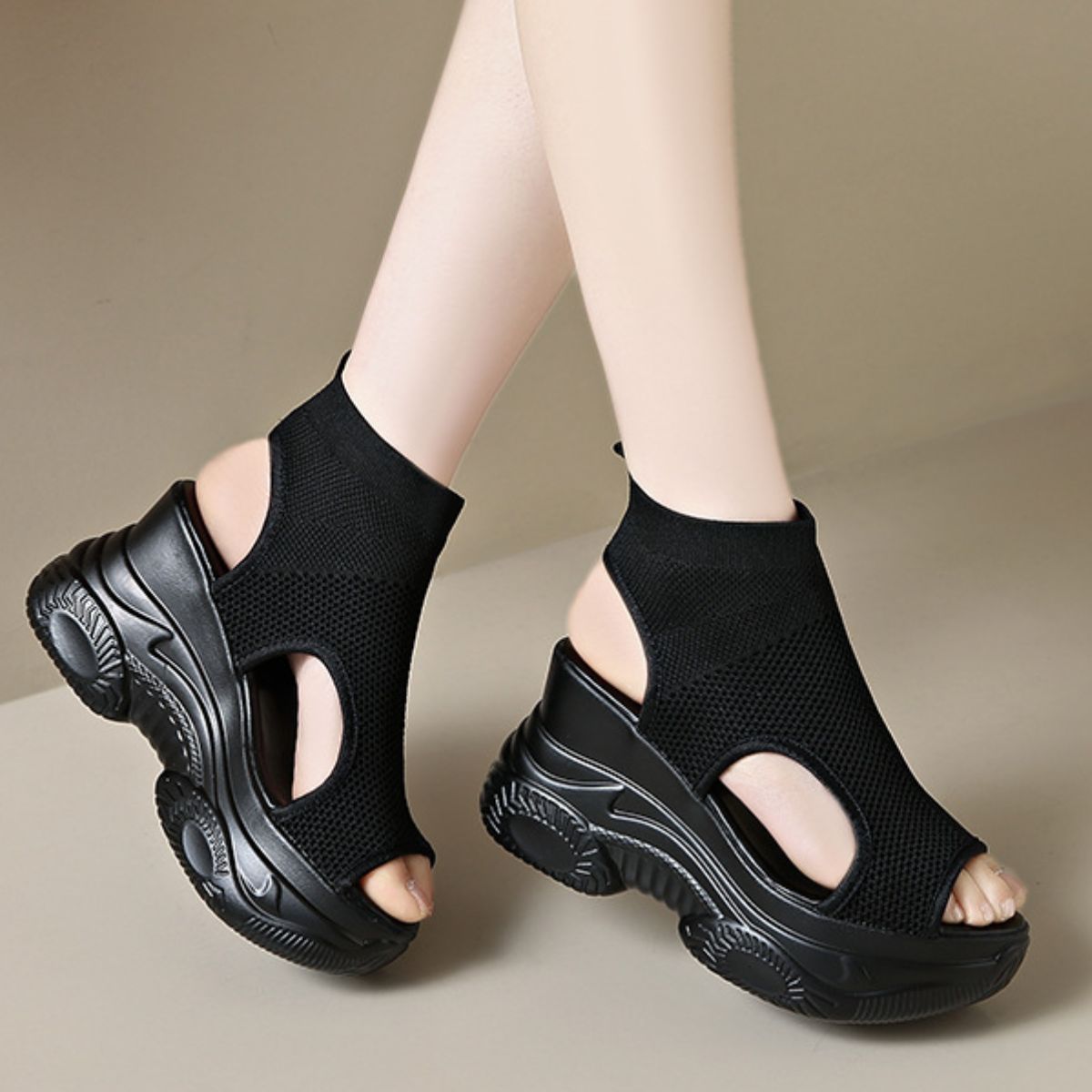 Women's Cutout Mesh Wedge Sandals - White & Black