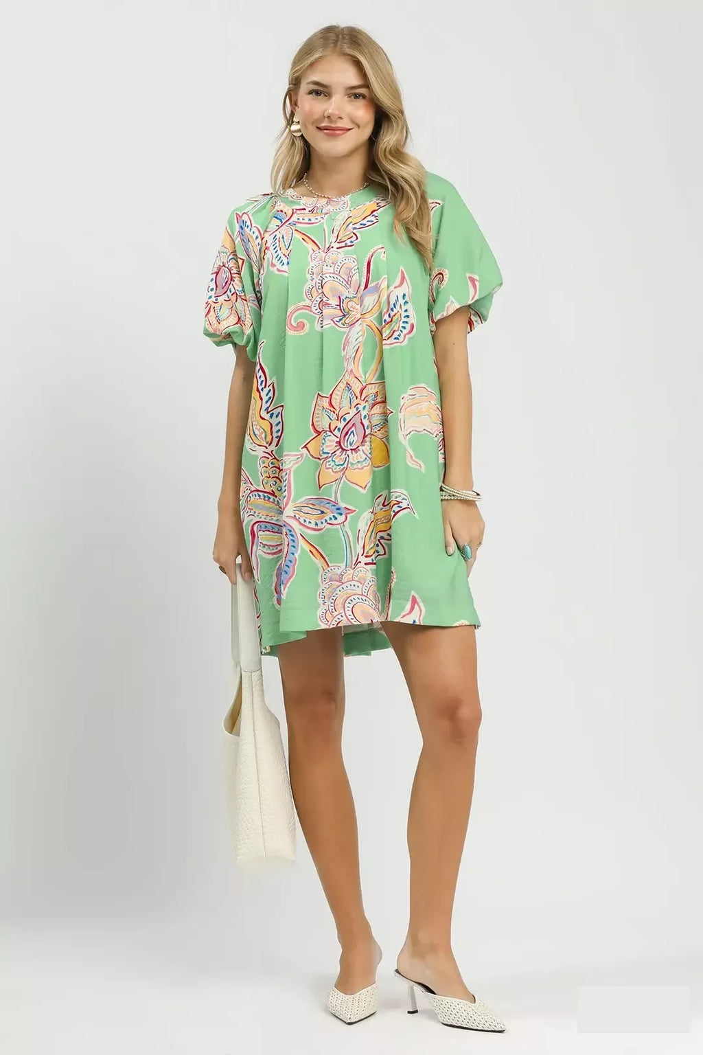 Sage Green Boho Floral Mini Dress with Short Sleeves and Pockets