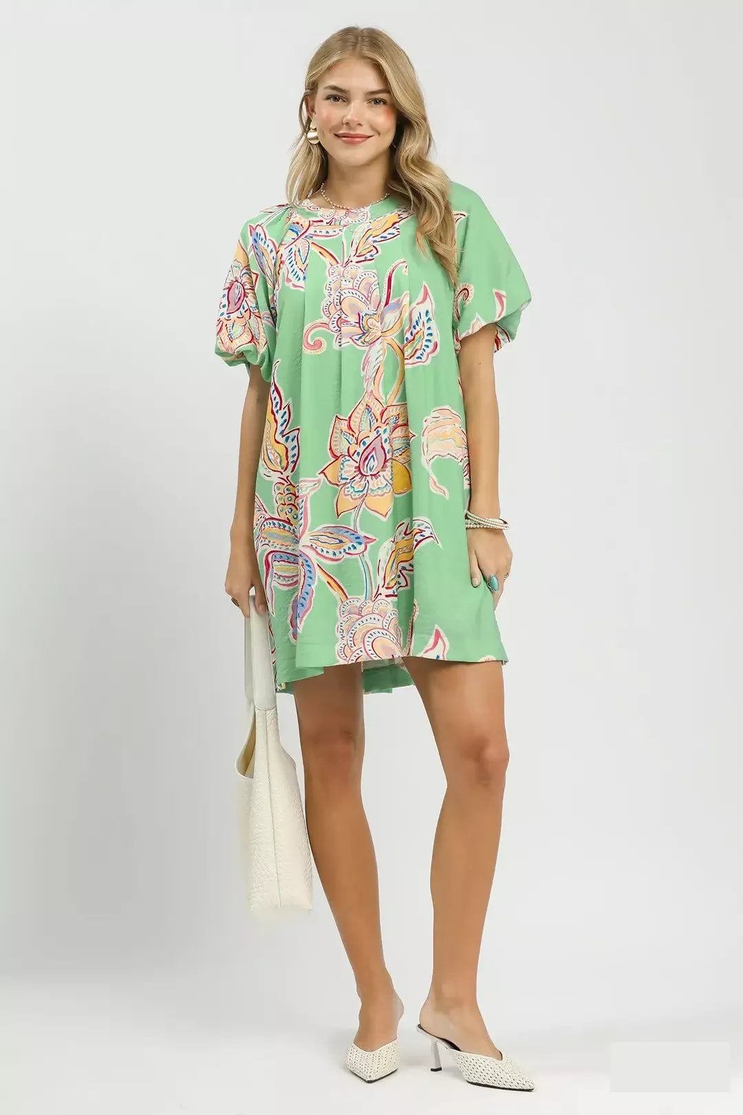Sage Green Boho Floral Mini Dress with Short Sleeves and Pockets