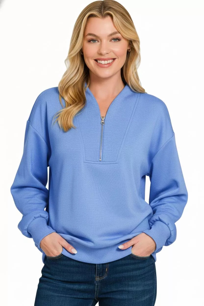 Cornflower Blue Scuba Half Zip Drop Shoulder Sweatshirt