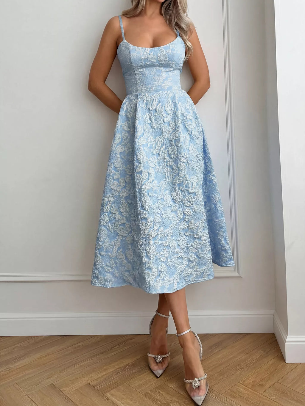 Pink Textured A-Line Midi Dress Sleeveless Formal Party