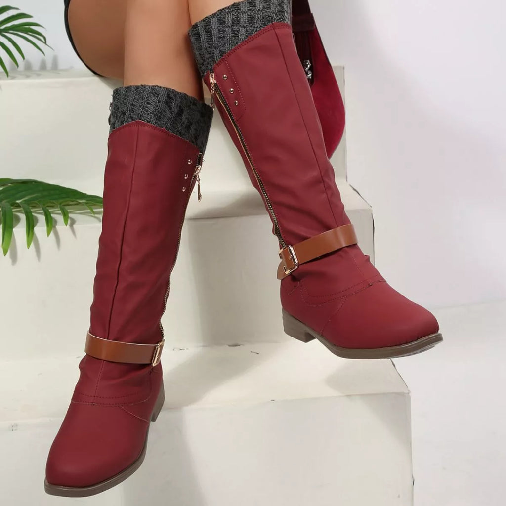 Women Black Suede Mid-Calf Boots with Knit Cuff and Buckle Detail