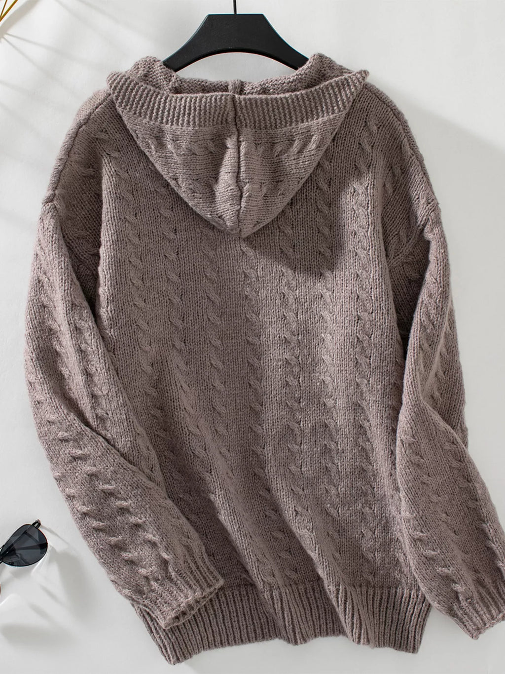 Women's Beige Cable Knit Open Front Cardigan with Hood