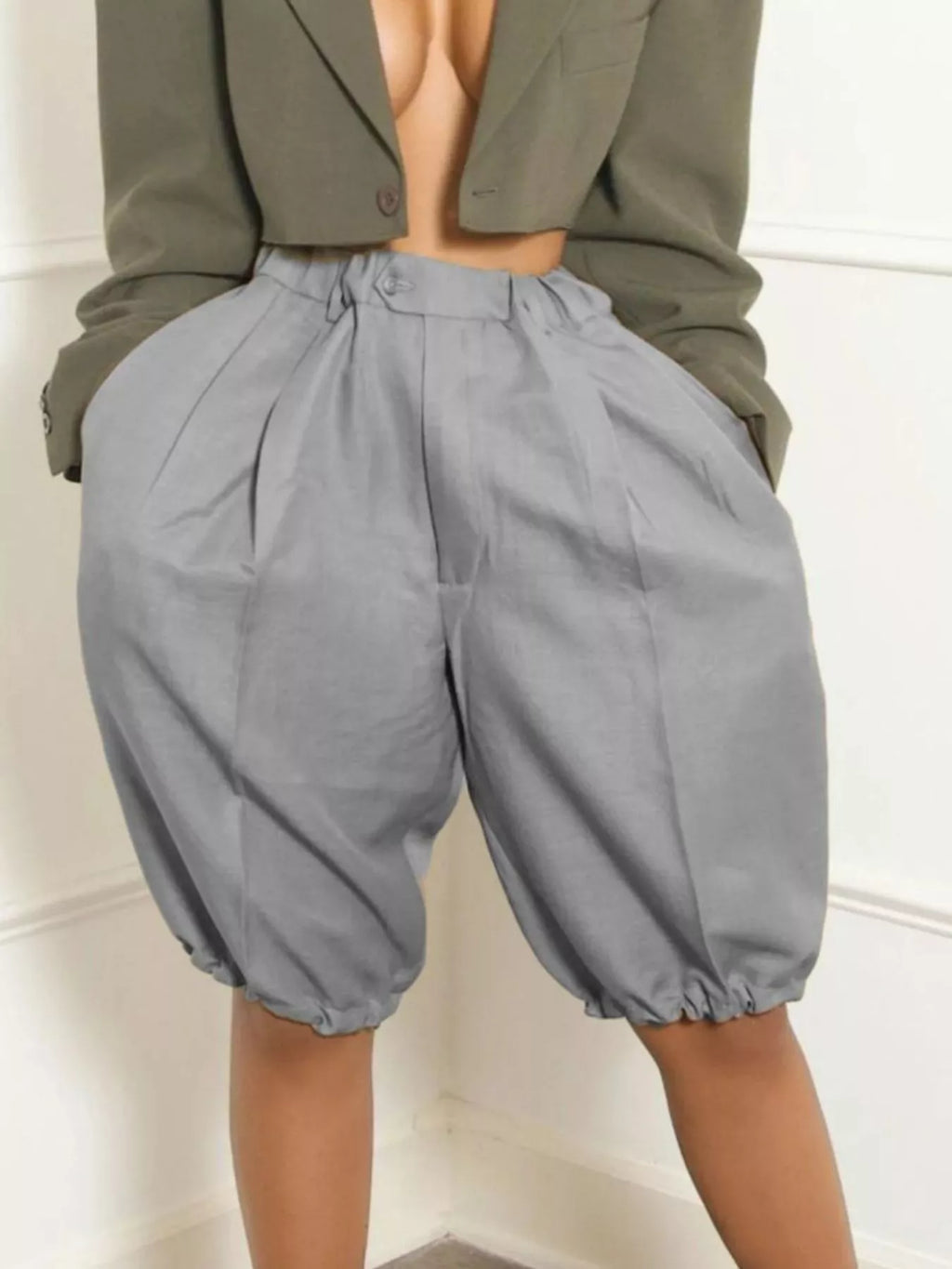 High Waist Pleated Khaki Shorts with Bubble Hem Detail