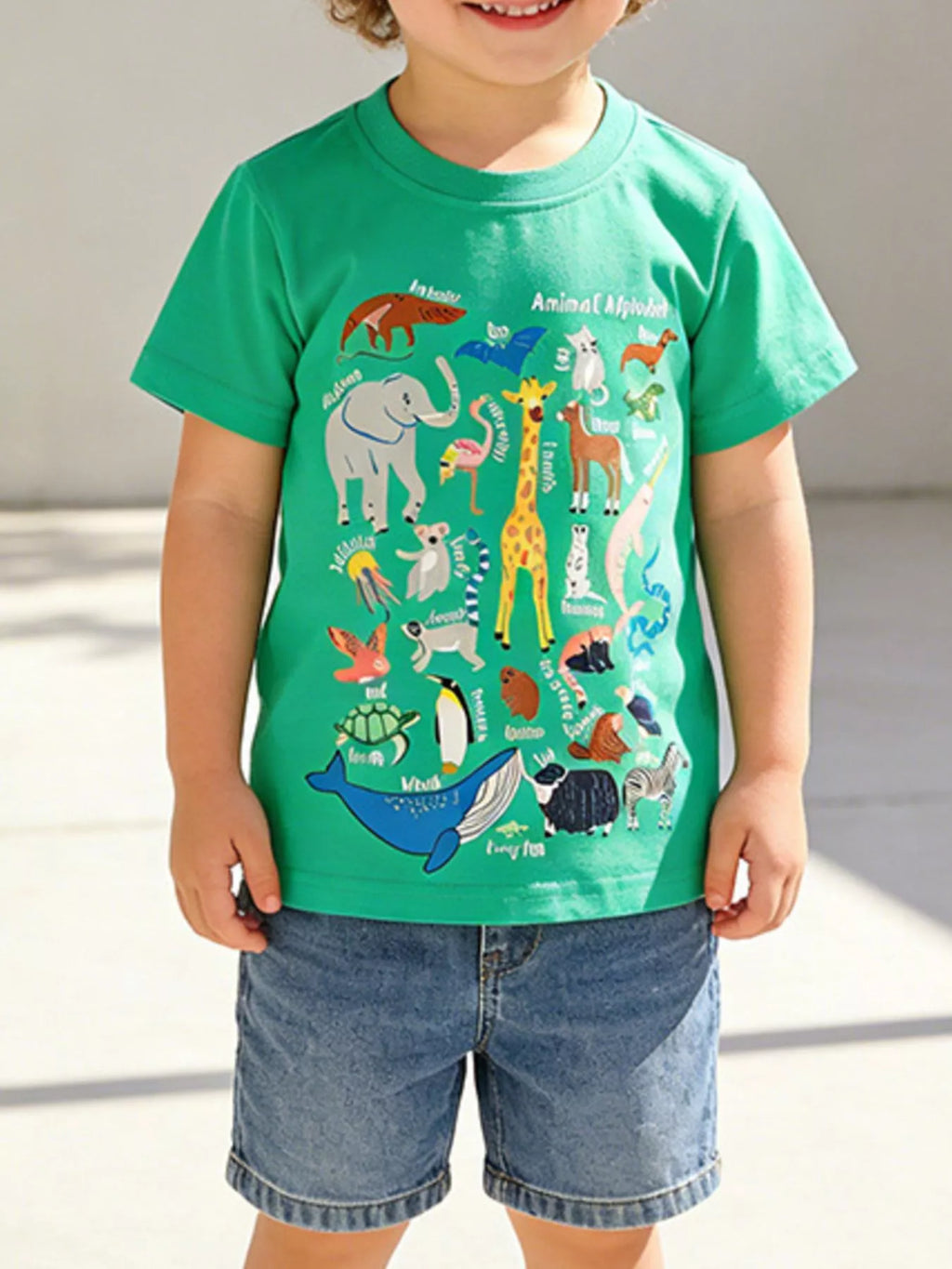 Children's Green Animal Alphabet Graphic Print Cotton T-Shirt