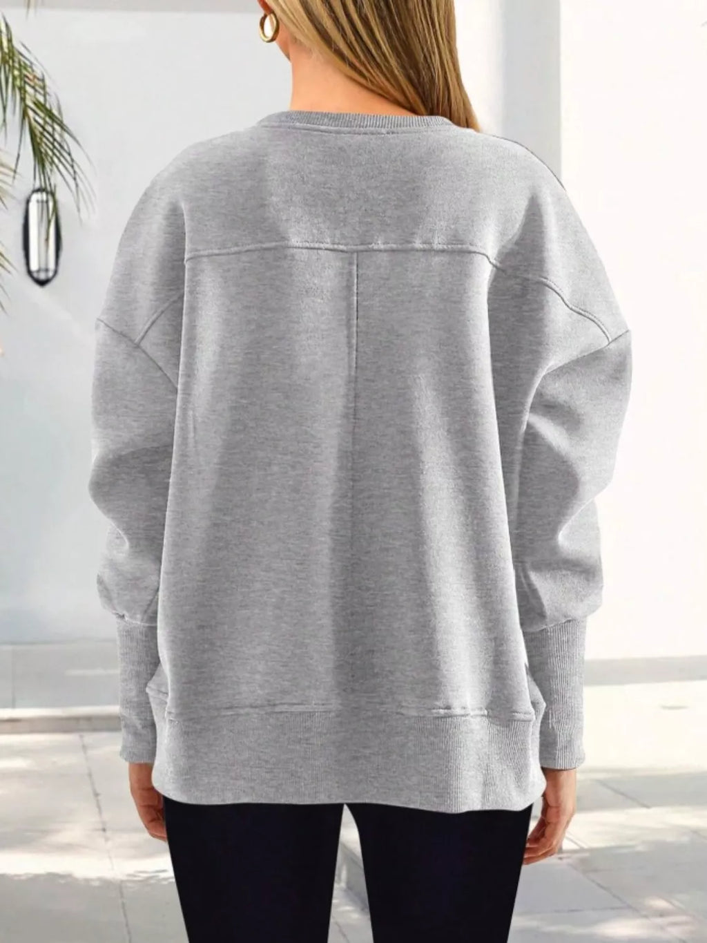 Women's Blue Side Slit Pullover Sweatshirt Long Sleeve Top