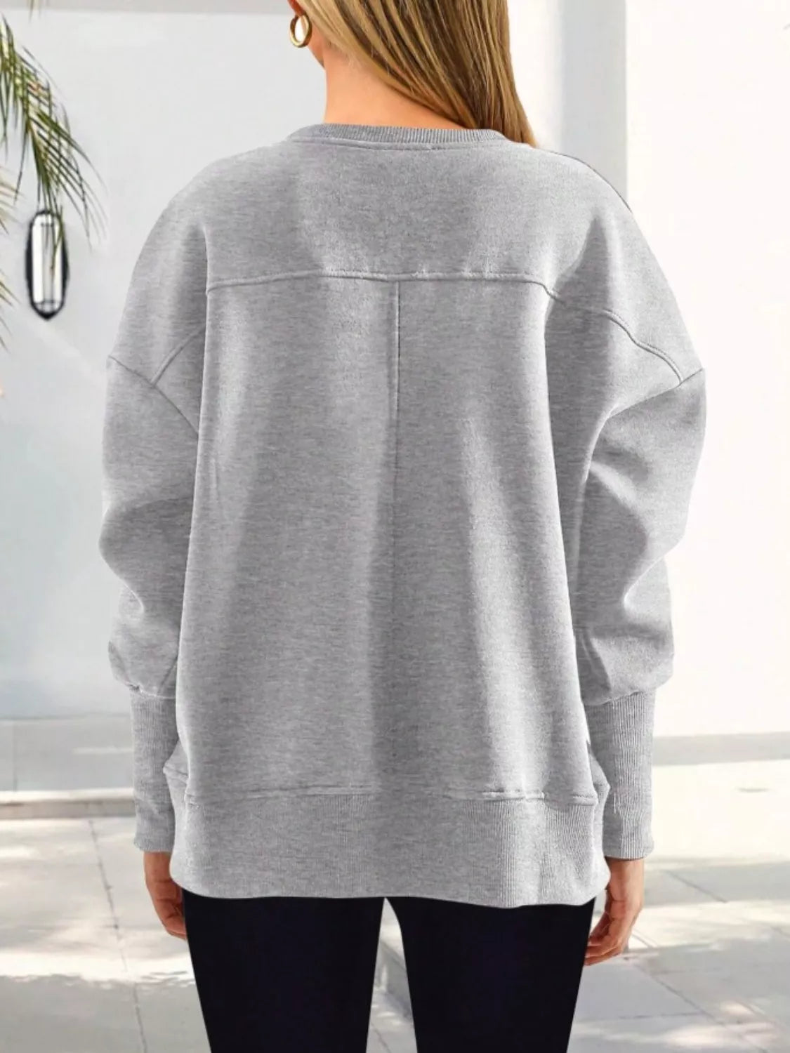 Women's Blue Side Slit Pullover Sweatshirt Long Sleeve Top