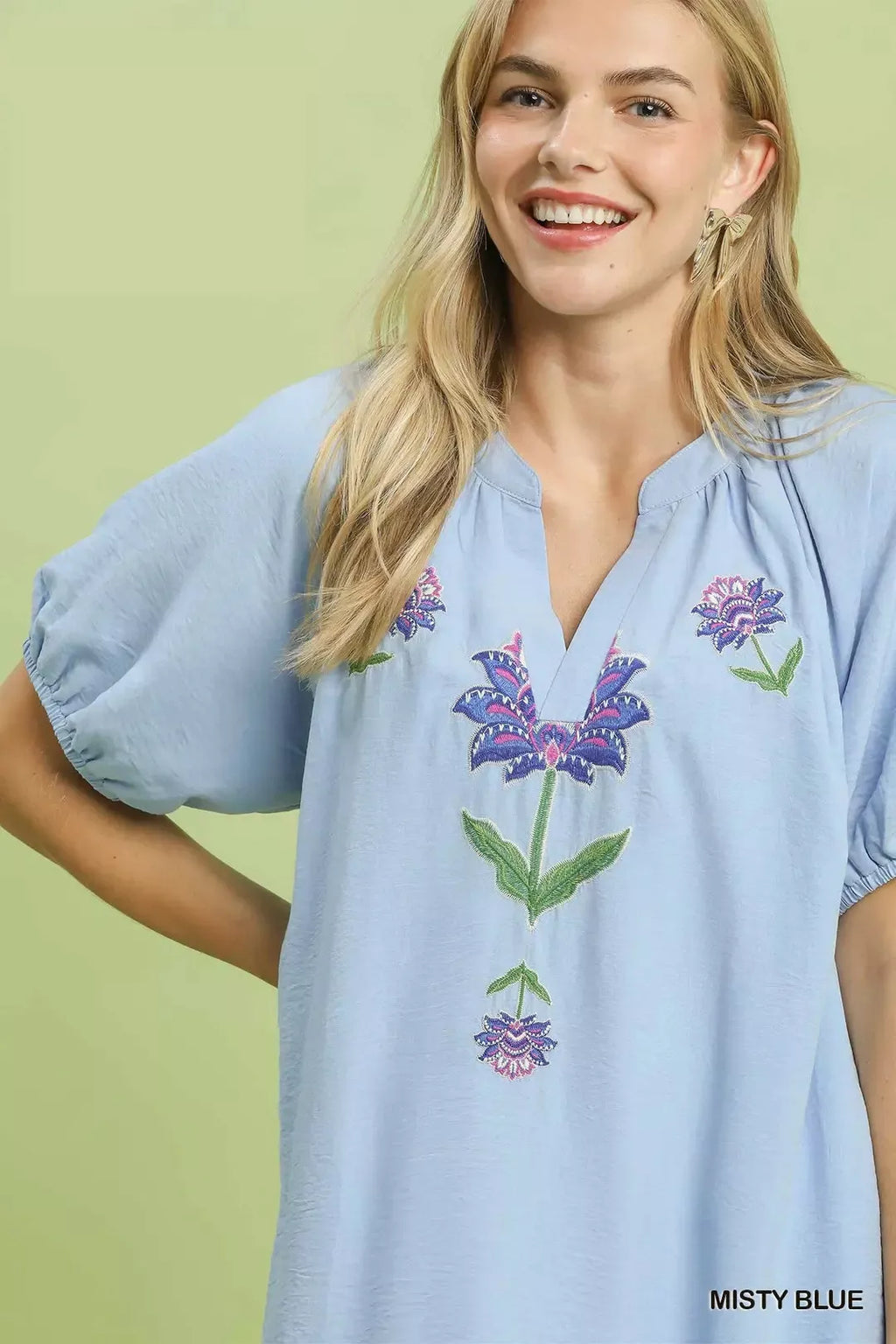 Misty Blue Floral Embroidered Puff Sleeve Babydoll Mini Dress