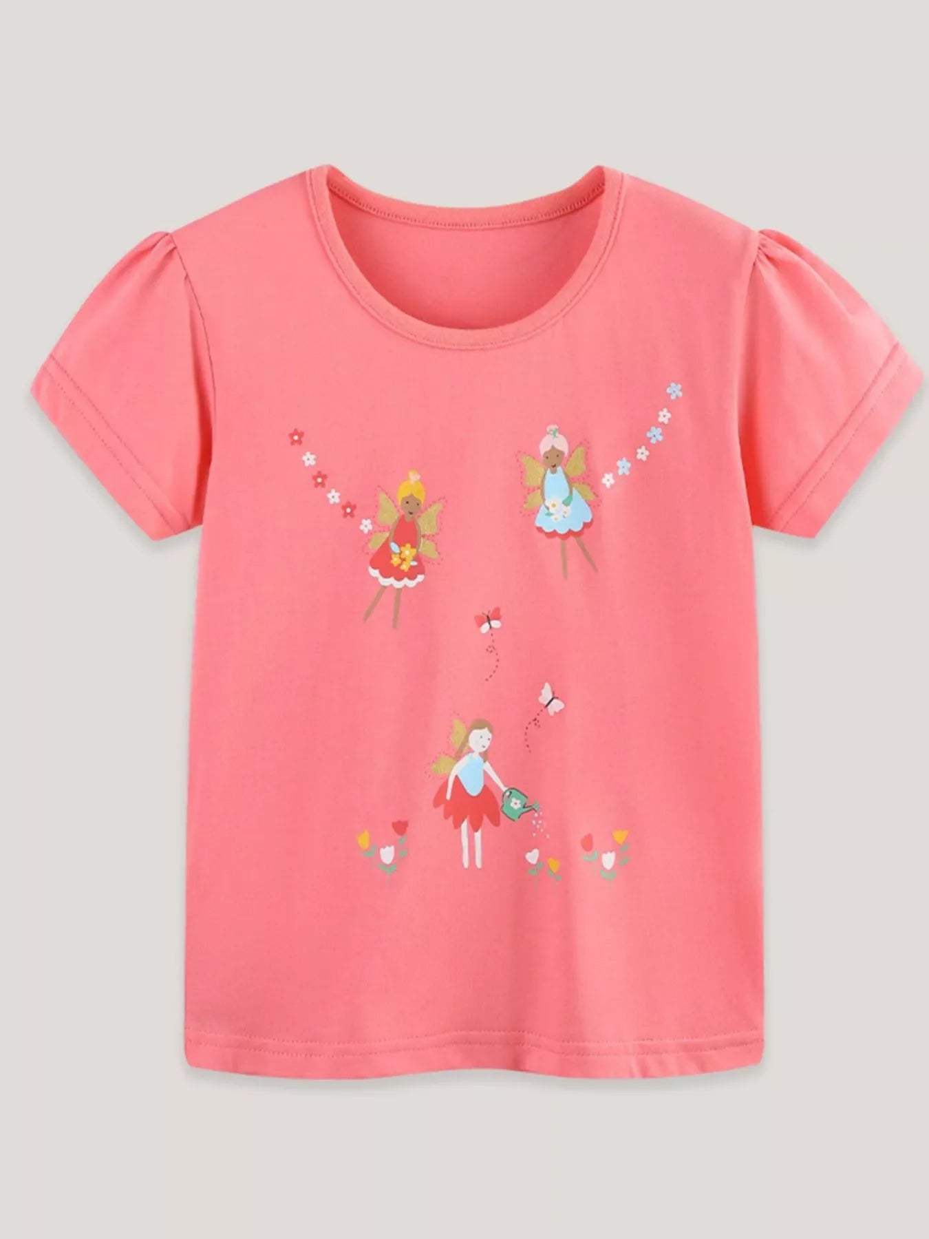 Girls Pink Fairy Print Cotton Short Sleeve T-Shirt