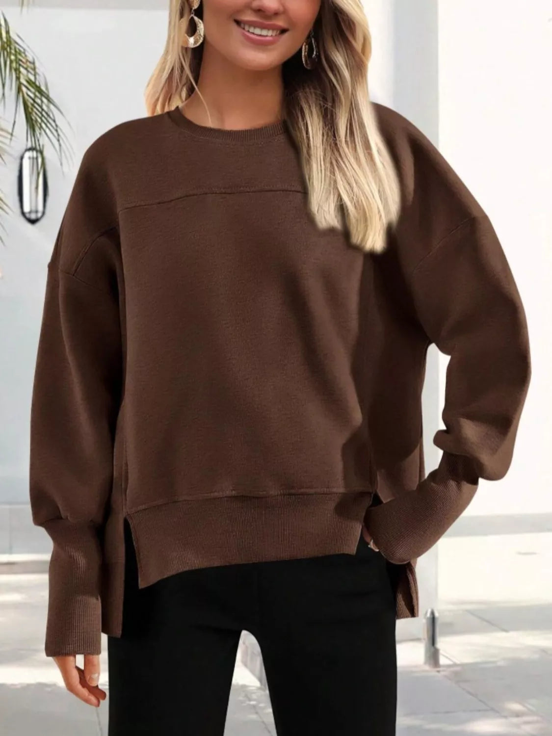 Women's Blue Side Slit Pullover Sweatshirt Long Sleeve Top